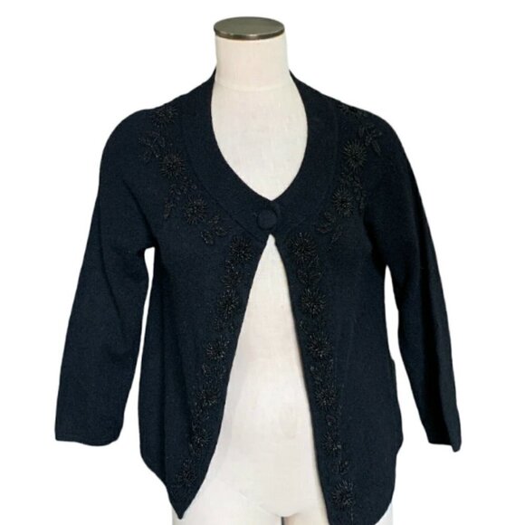Talbots S Lambswool Nylon Angora Beaded Black Cardigan Shrug Sweater Retro 185J - Picture 2 of 9
